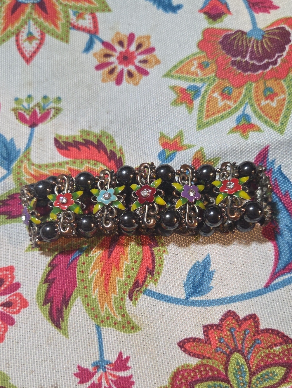 90's Multicolor Hematite Enamel Floral Stretch Bracelet